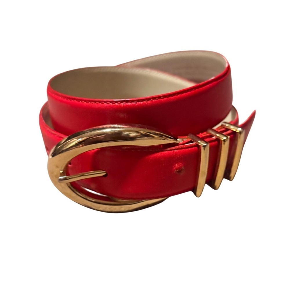 Liz Claiborne Red Full Grain Leather Belt Gold Buckle Triple Keeper 80s /90s - Picture 2 of 5
